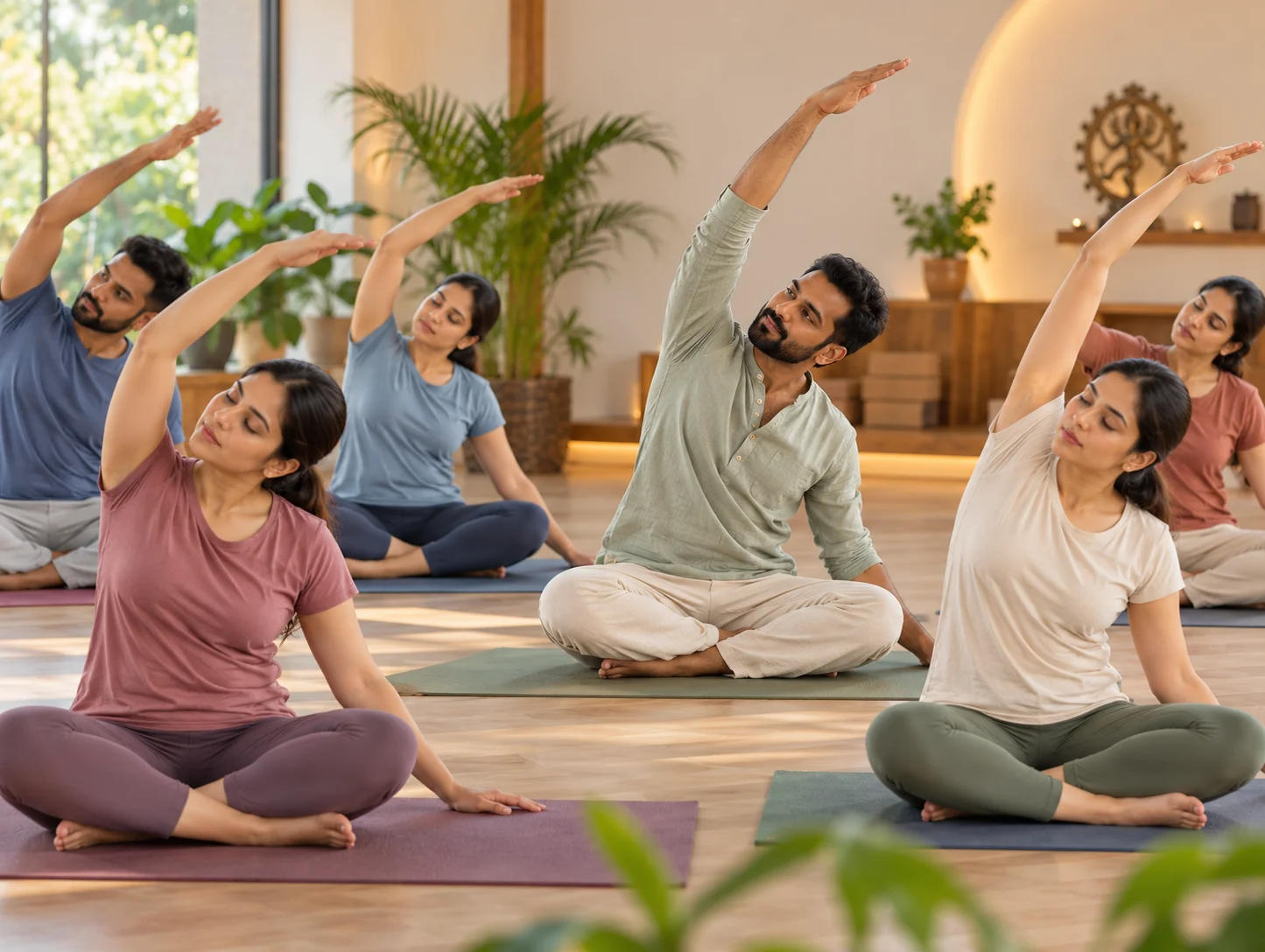 Group raising arms in a morning stretch